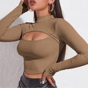 Ribbed Mock Neck Cutout Long Sleeve Top - Orangeish Tan
